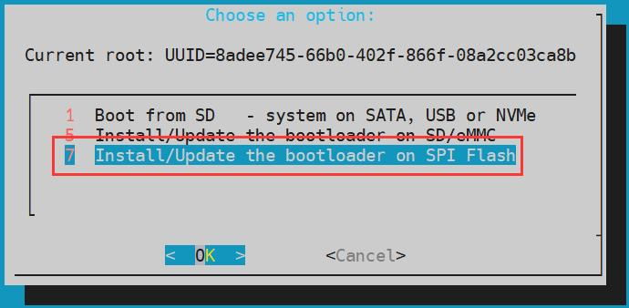 dialogue specifying to select option 7 Install/Update the bootloader on SPI Flash