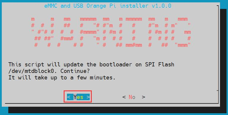 dialogue confirming whether or not to update the bootloader on /dev/mtdblock0